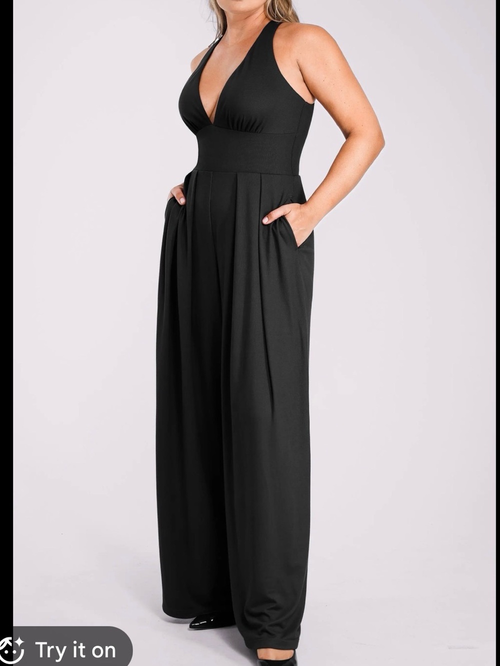 Black Halter Wide-Leg Jumpsuit with Pockets